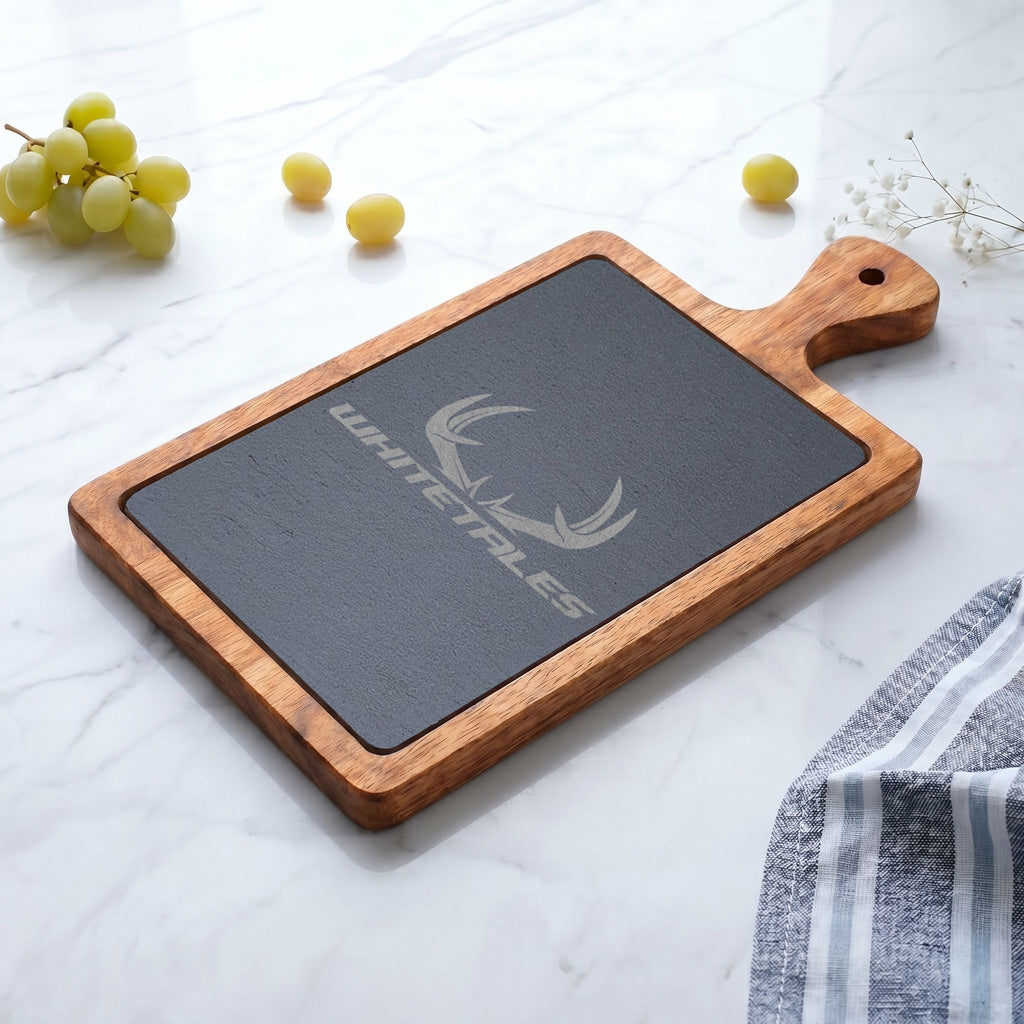 WhiteTales Logo - Engraved Acacia Charcuterie Board with Slate Insert & Cheese Tools