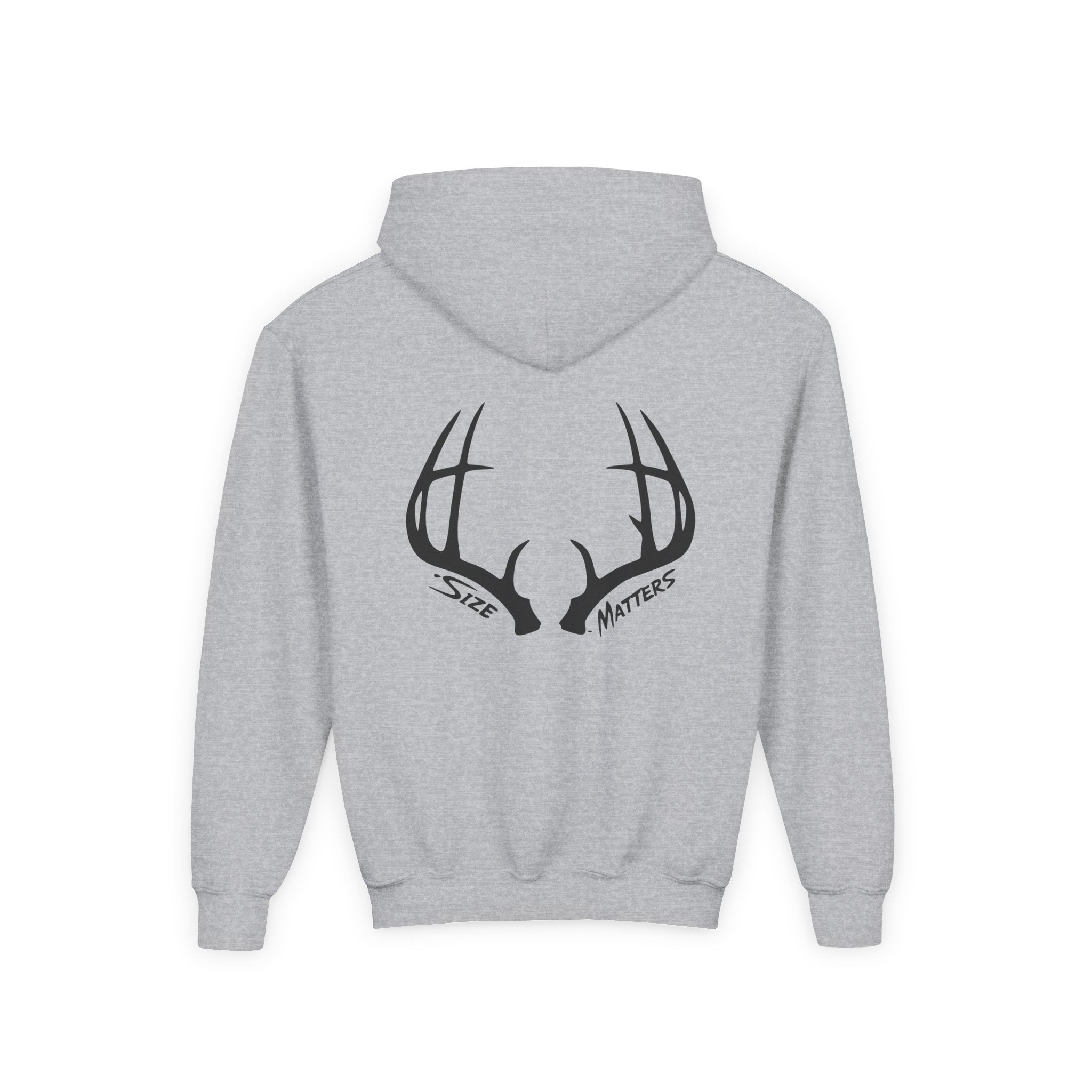 Youth Hoodie — 'Whitetales' Antler Graphic Hoodie (Size Matters Back Design)