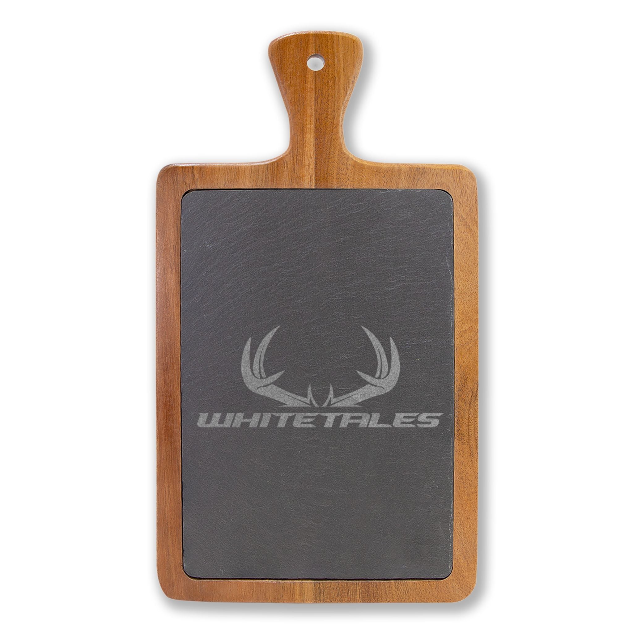 Engraved Acacia Charcuterie Board with Slate Insert — Whitetales Antler Logo