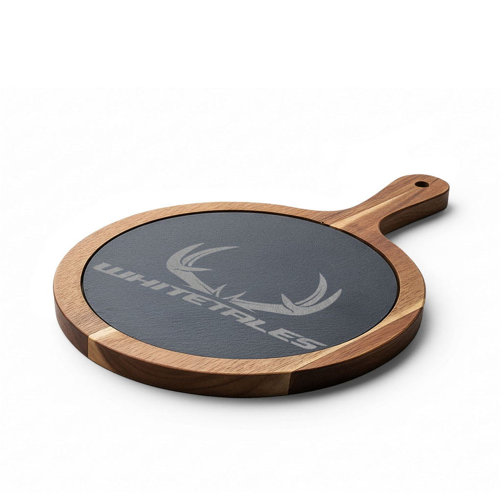 WhiteTales Logo - Engraved Acacia Charcuterie Board with Slate Insert & Cheese Tools