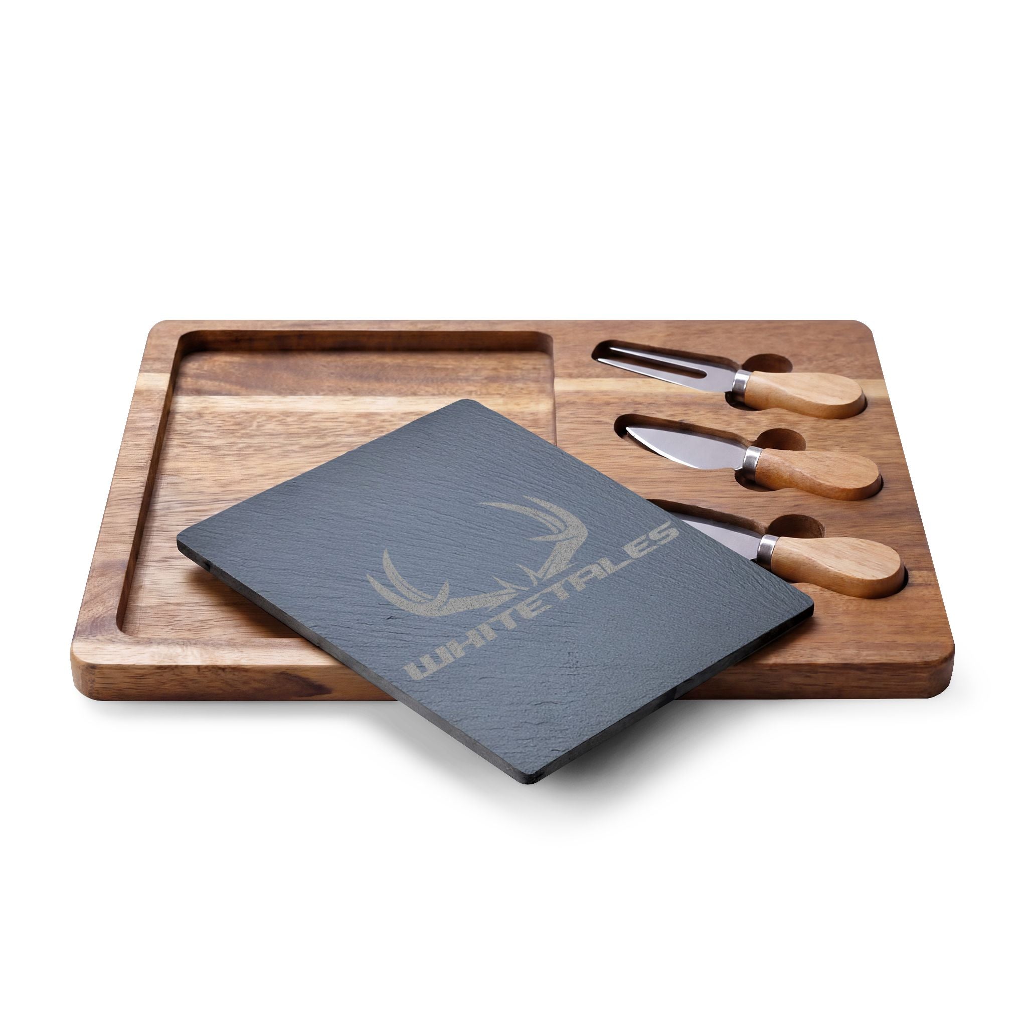 WhiteTales Logo - Engraved Acacia Charcuterie Board with Slate Insert & Cheese Tools