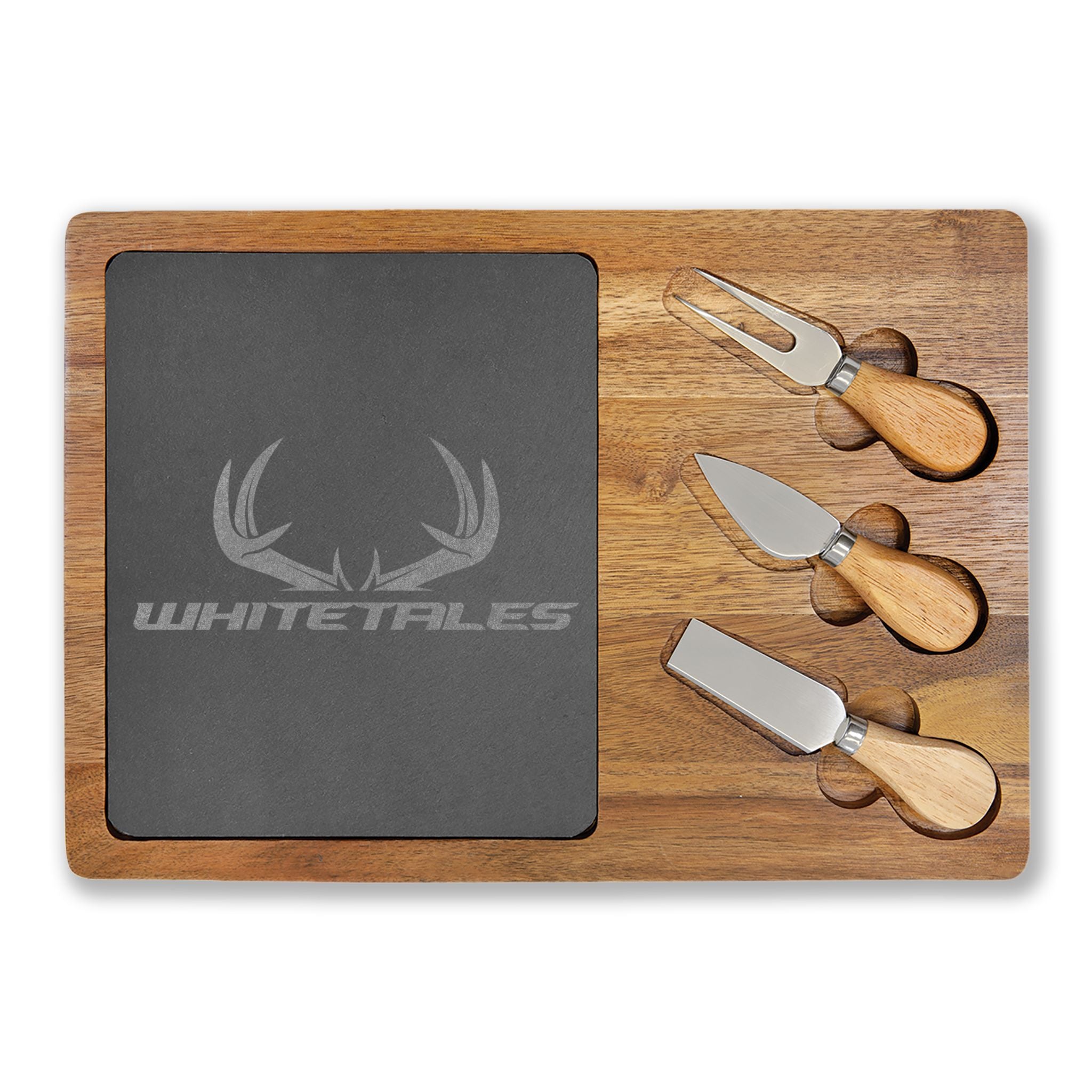 Engraved Acacia Charcuterie Board with Slate Insert — Whitetales Antler Logo