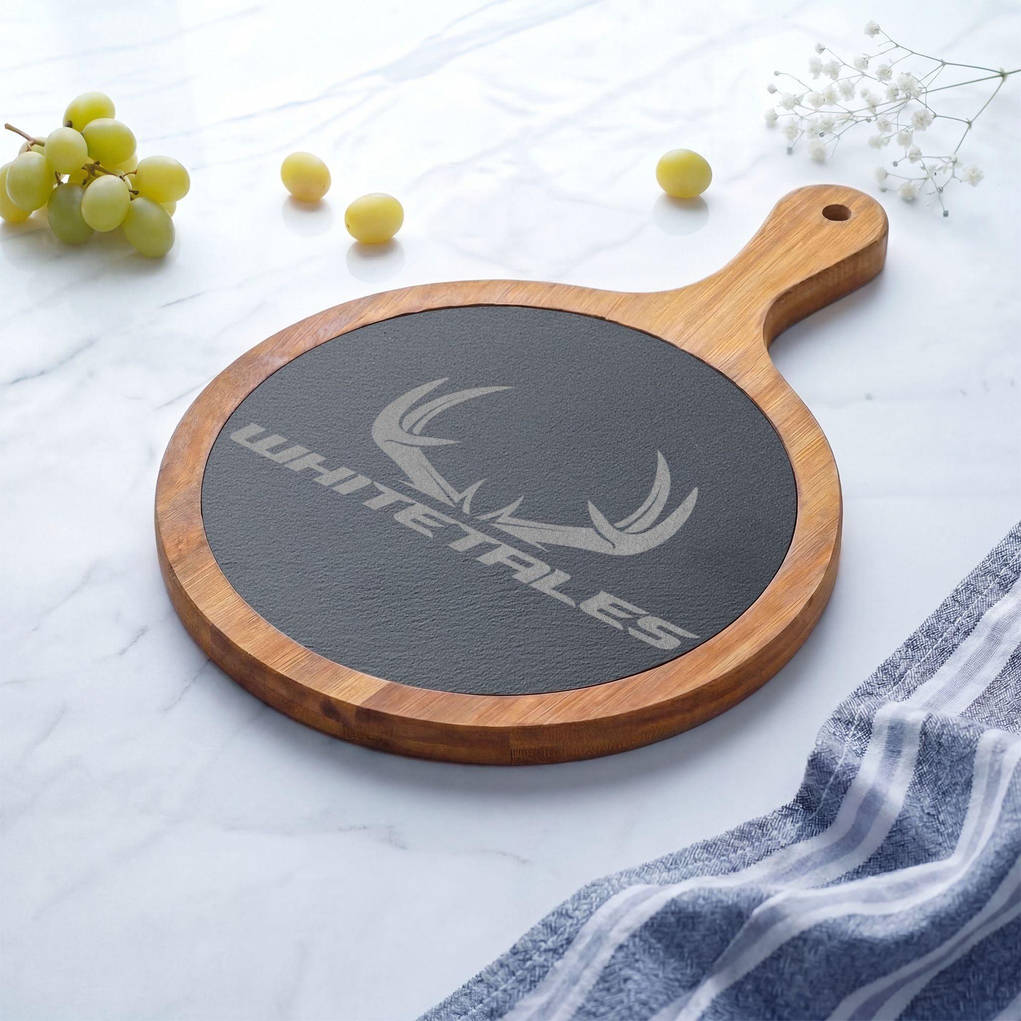 WhiteTales Logo - Engraved Acacia Charcuterie Board with Slate Insert & Cheese Tools