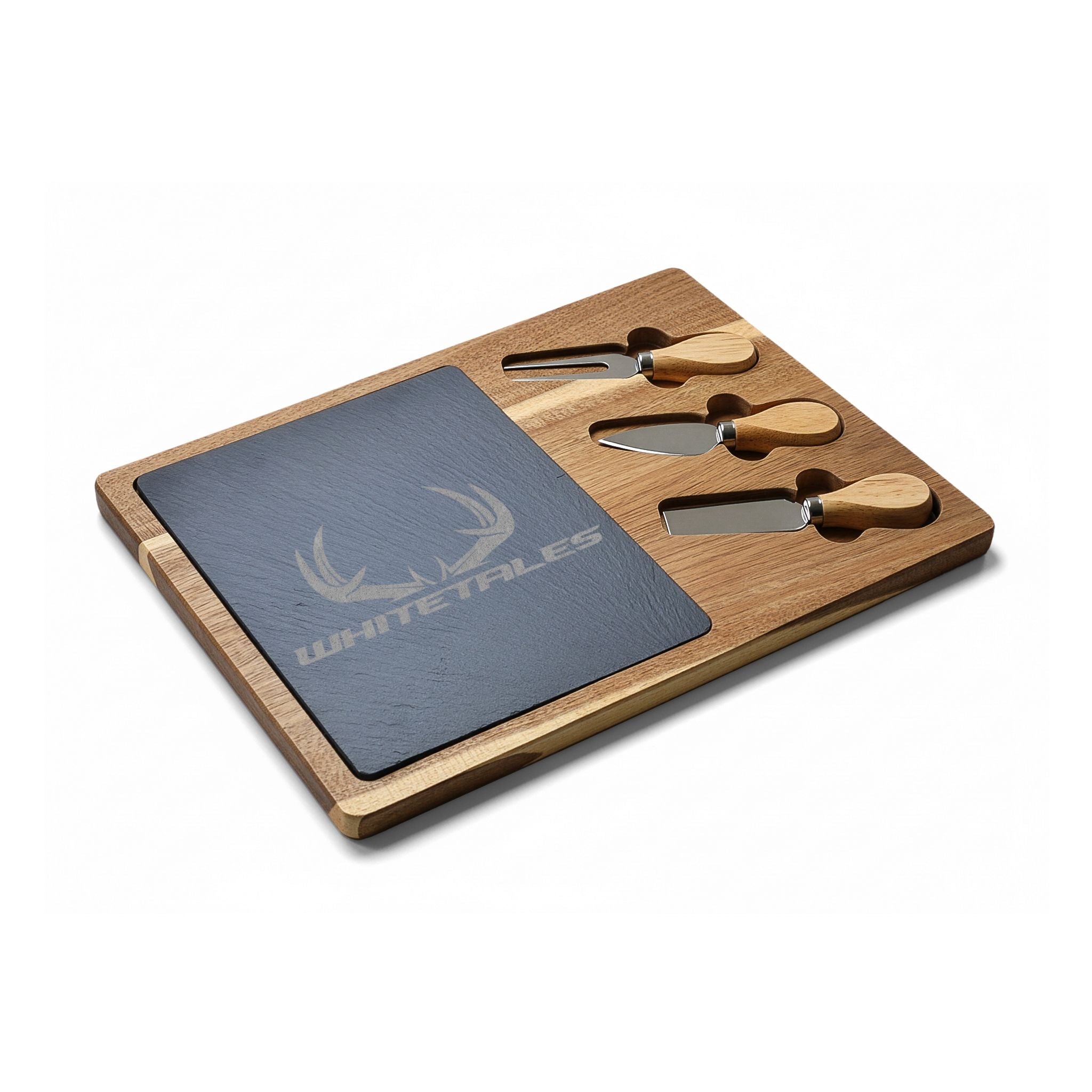 Engraved Acacia Charcuterie Board with Slate Insert — Whitetales Antler Logo