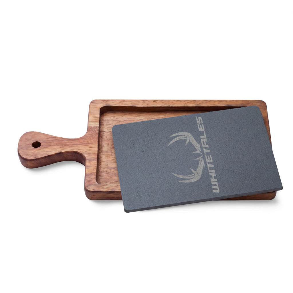 WhiteTales Logo - Engraved Acacia Charcuterie Board with Slate Insert & Cheese Tools
