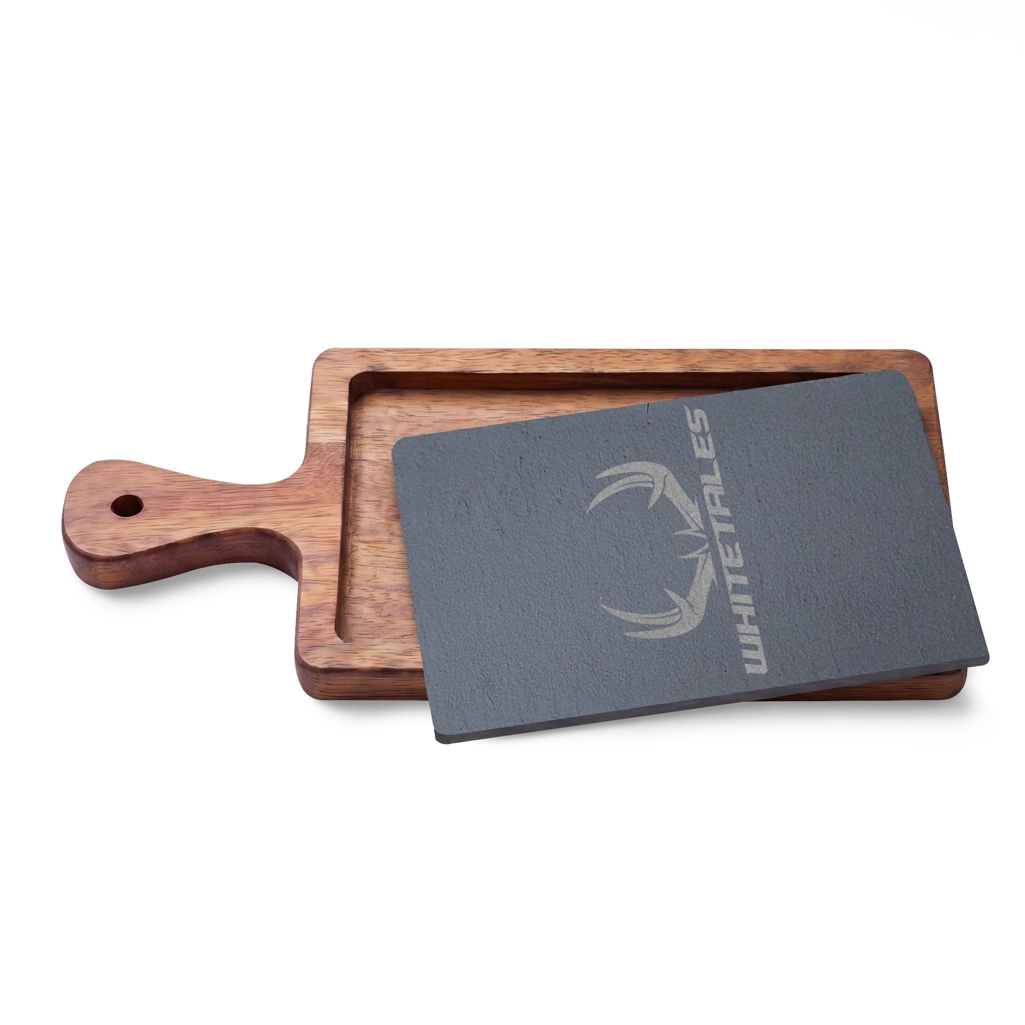 WhiteTales Logo - Engraved Acacia Charcuterie Board with Slate Insert & Cheese Tools