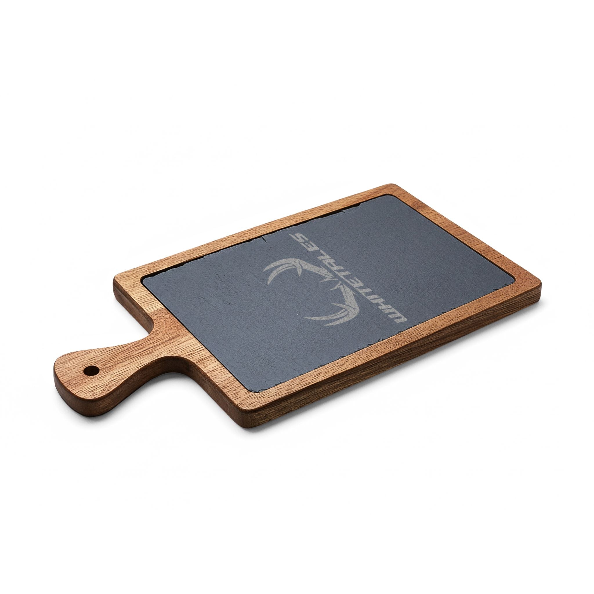 Engraved Acacia Charcuterie Board with Slate Insert — Whitetales Antler Logo