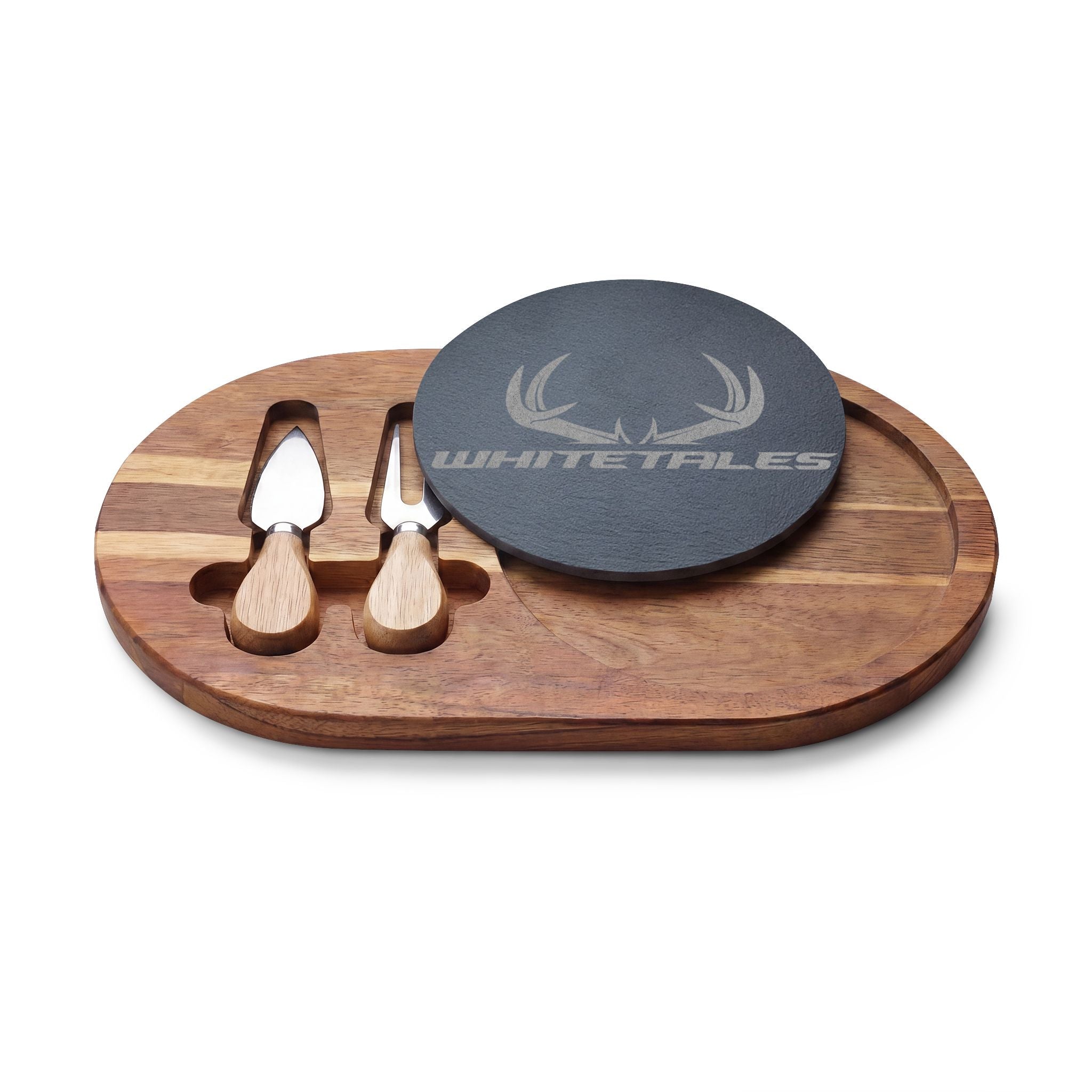 WhiteTales Logo - Engraved Acacia Charcuterie Board with Slate Insert & Cheese Tools