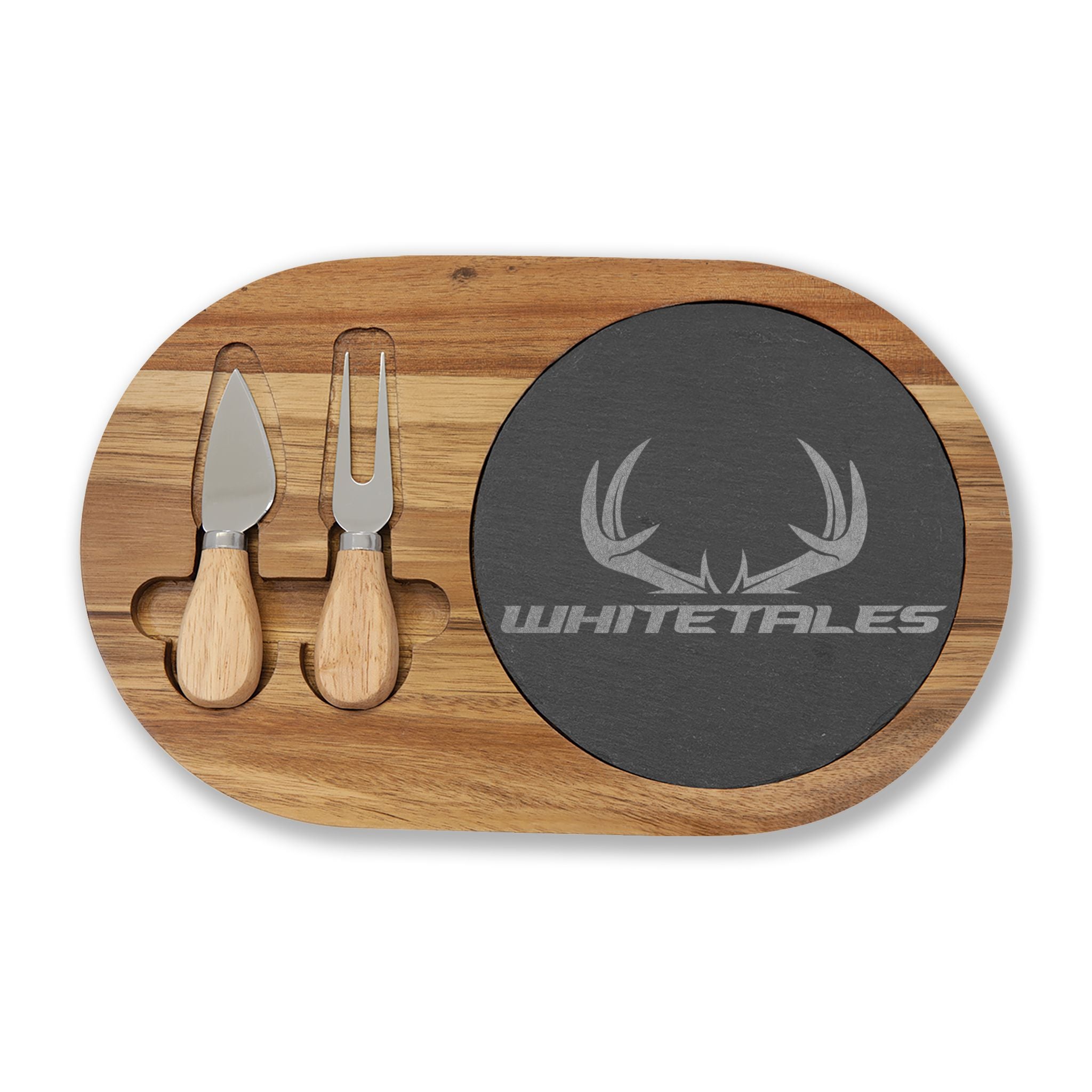 Engraved Acacia Charcuterie Board with Slate Insert — Whitetales Antler Logo