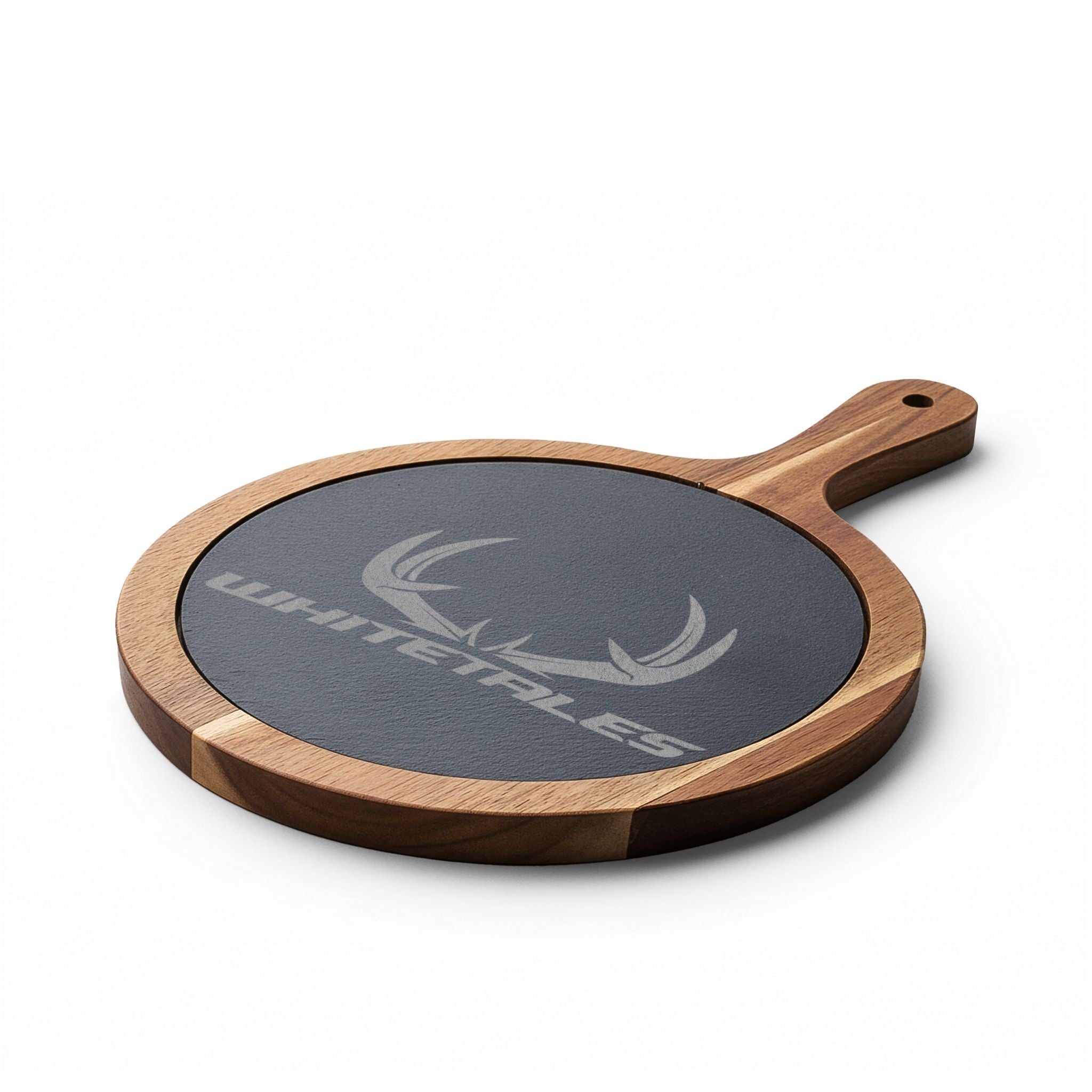 Engraved Acacia Charcuterie Board with Slate Insert — Whitetales Antler Logo