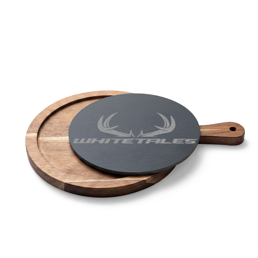 WhiteTales Logo - Engraved Acacia Charcuterie Board with Slate Insert & Cheese Tools