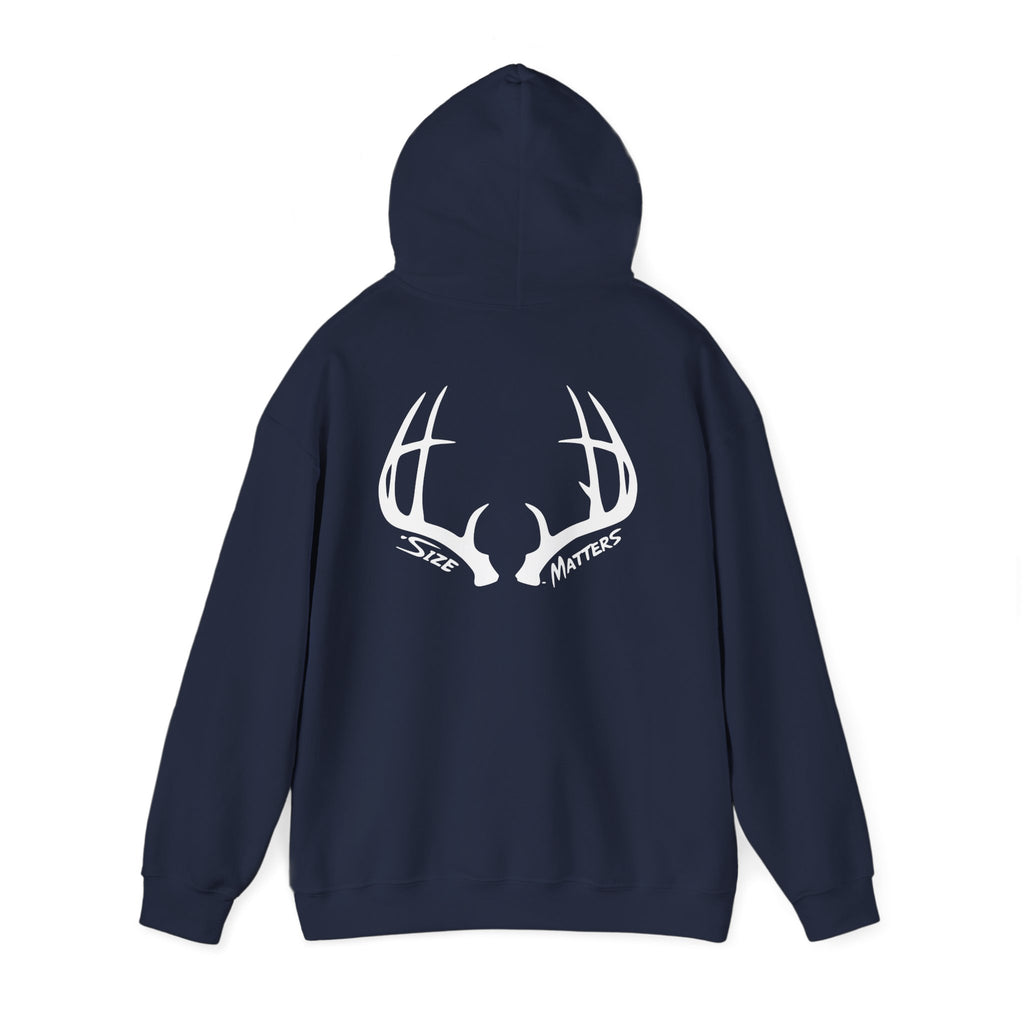 Whitetales Antler and Size Matters Logo Hoodie — Hunting Crewneck Sweatshirt