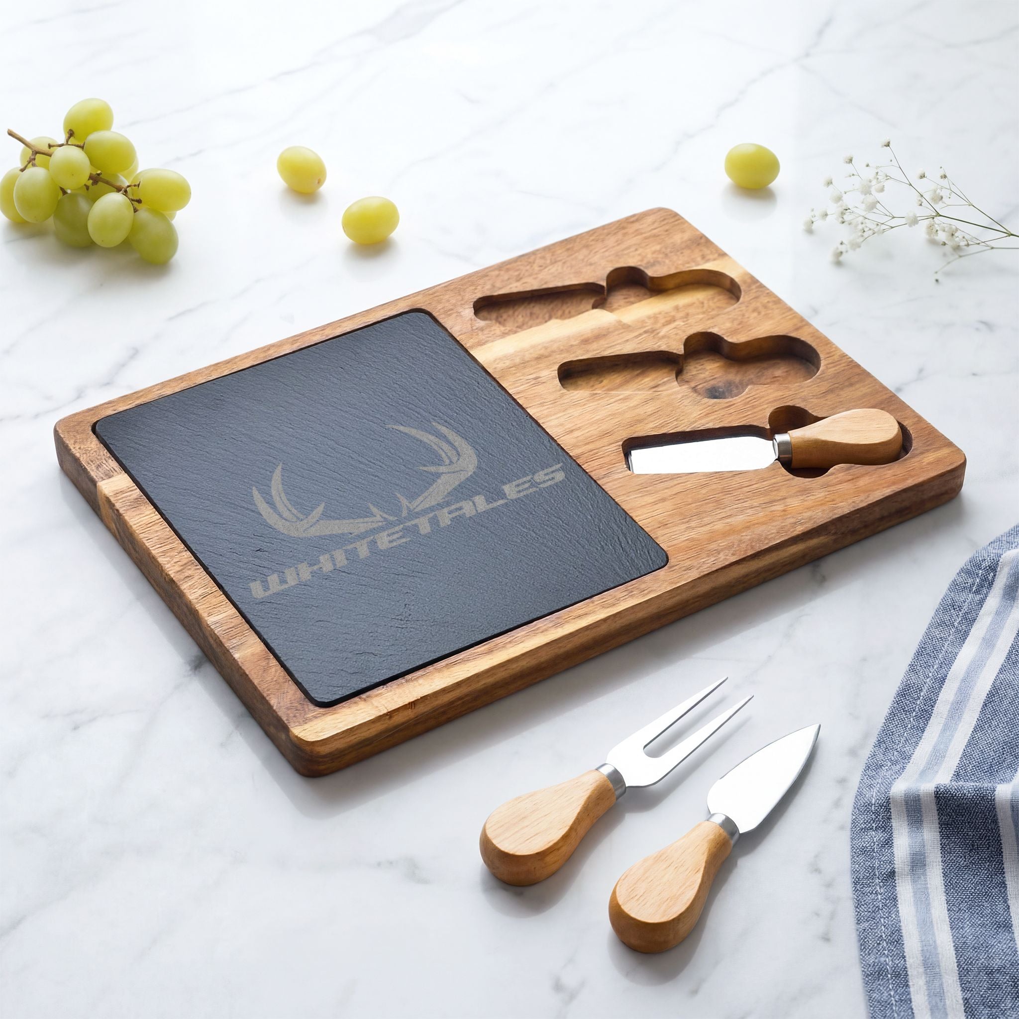 WhiteTales Logo - Engraved Acacia Charcuterie Board with Slate Insert & Cheese Tools