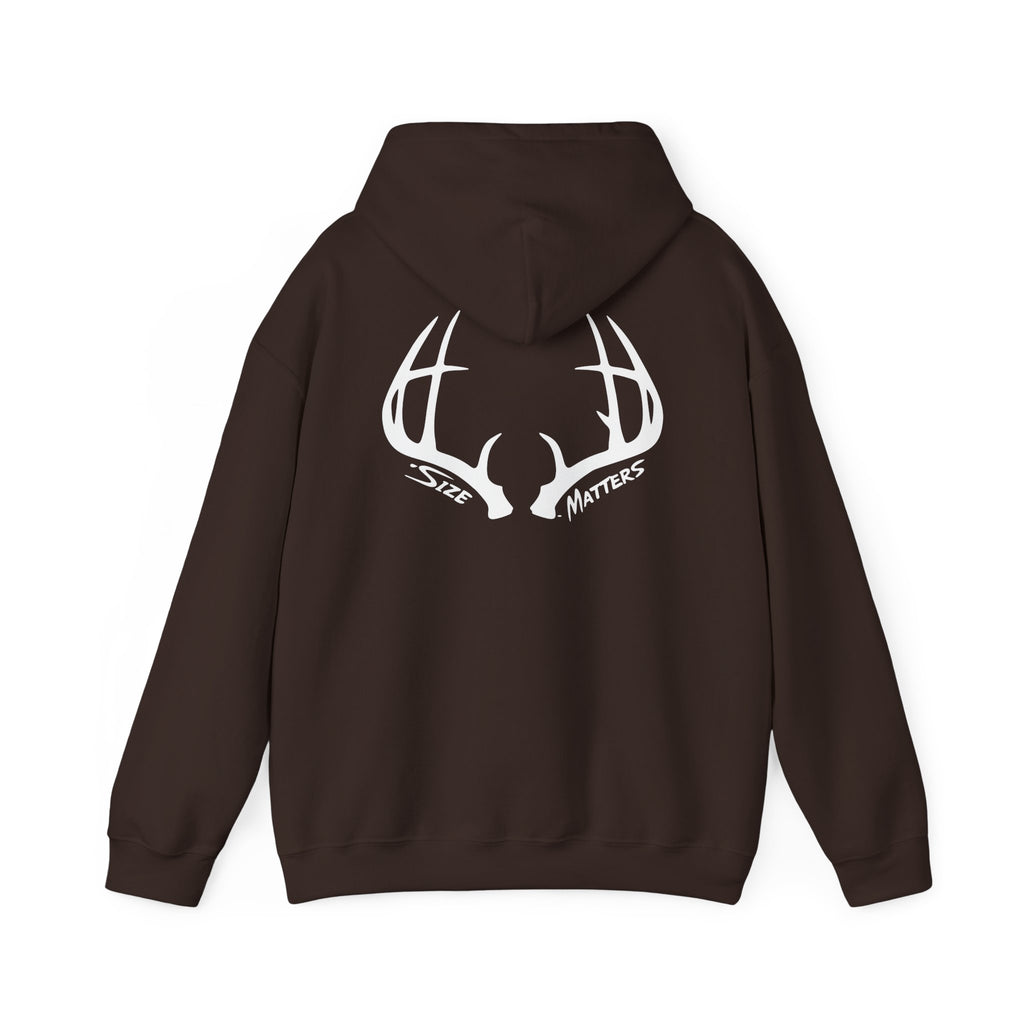 Whitetales Antler and Size Matters Logo Hoodie — Hunting Crewneck Sweatshirt