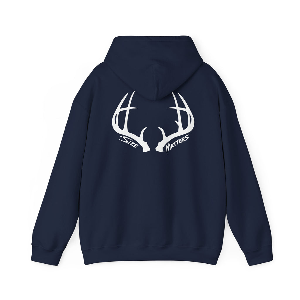 Whitetales Antler and Size Matters Logo Hoodie — Hunting Crewneck Sweatshirt