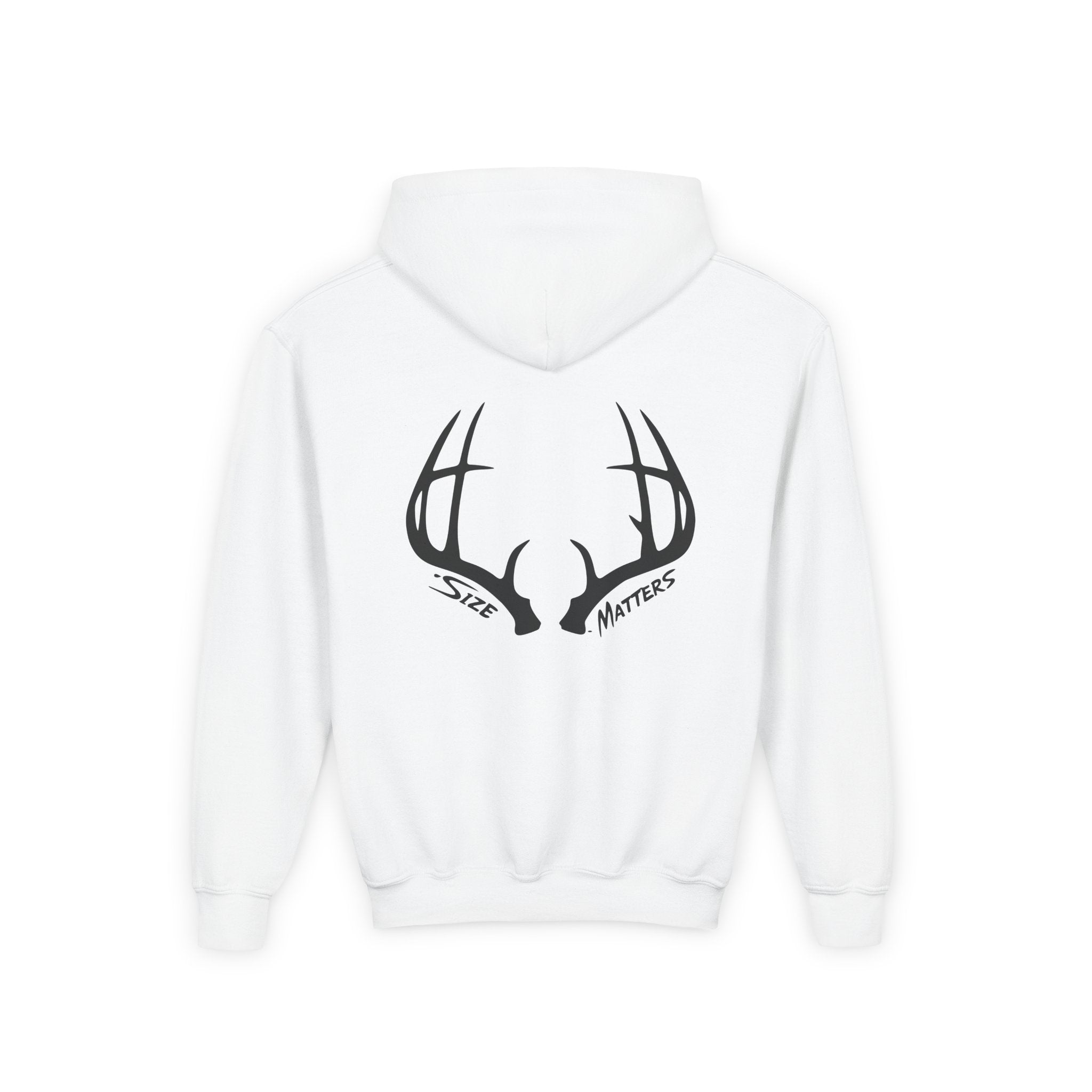 Youth Hoodie — 'Whitetales' Antler Graphic Hoodie (Size Matters Back Design)