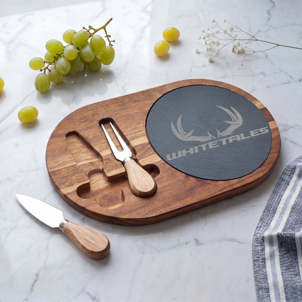 WhiteTales Logo - Engraved Acacia Charcuterie Board with Slate Insert & Cheese Tools