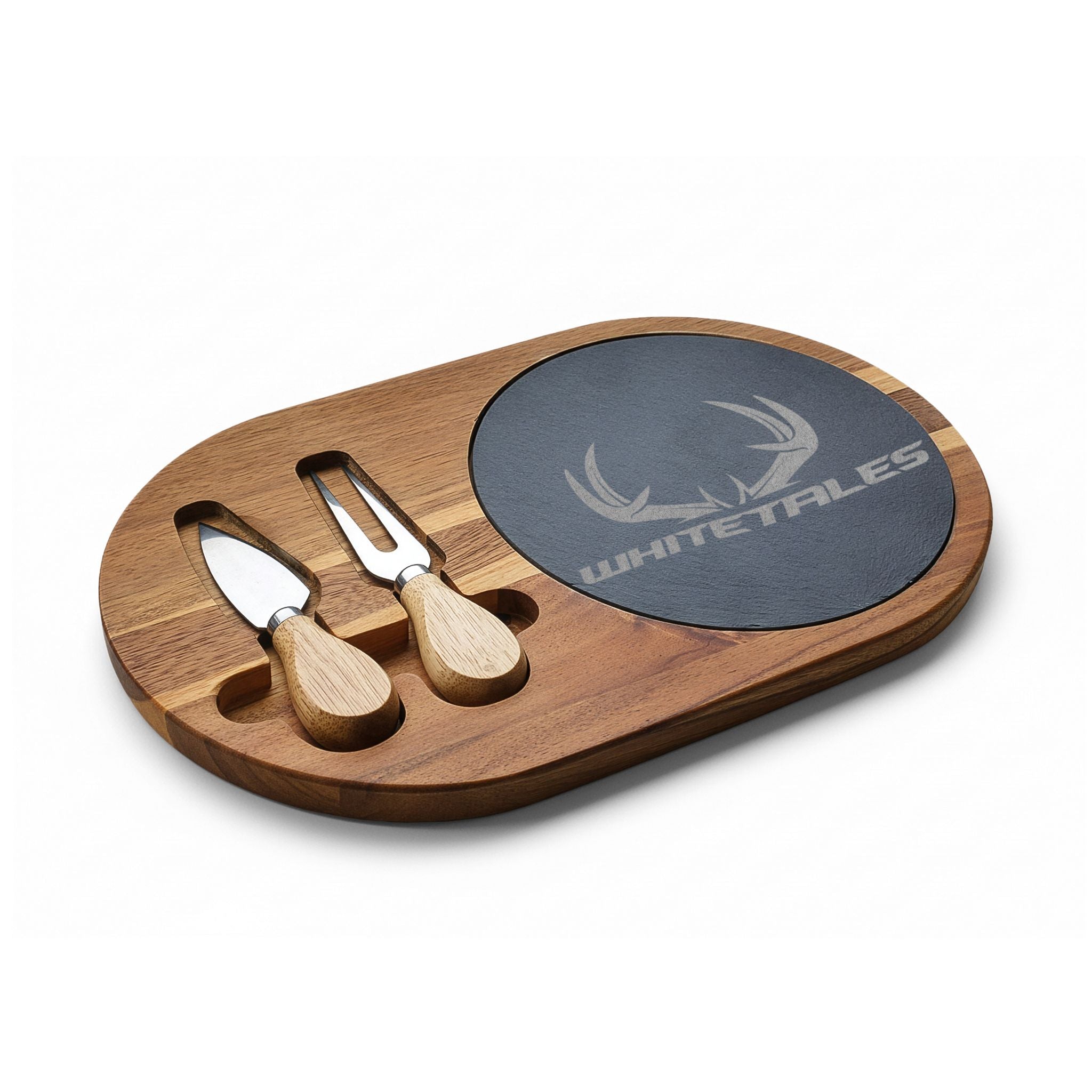 Engraved Acacia Charcuterie Board with Slate Insert — Whitetales Antler Logo