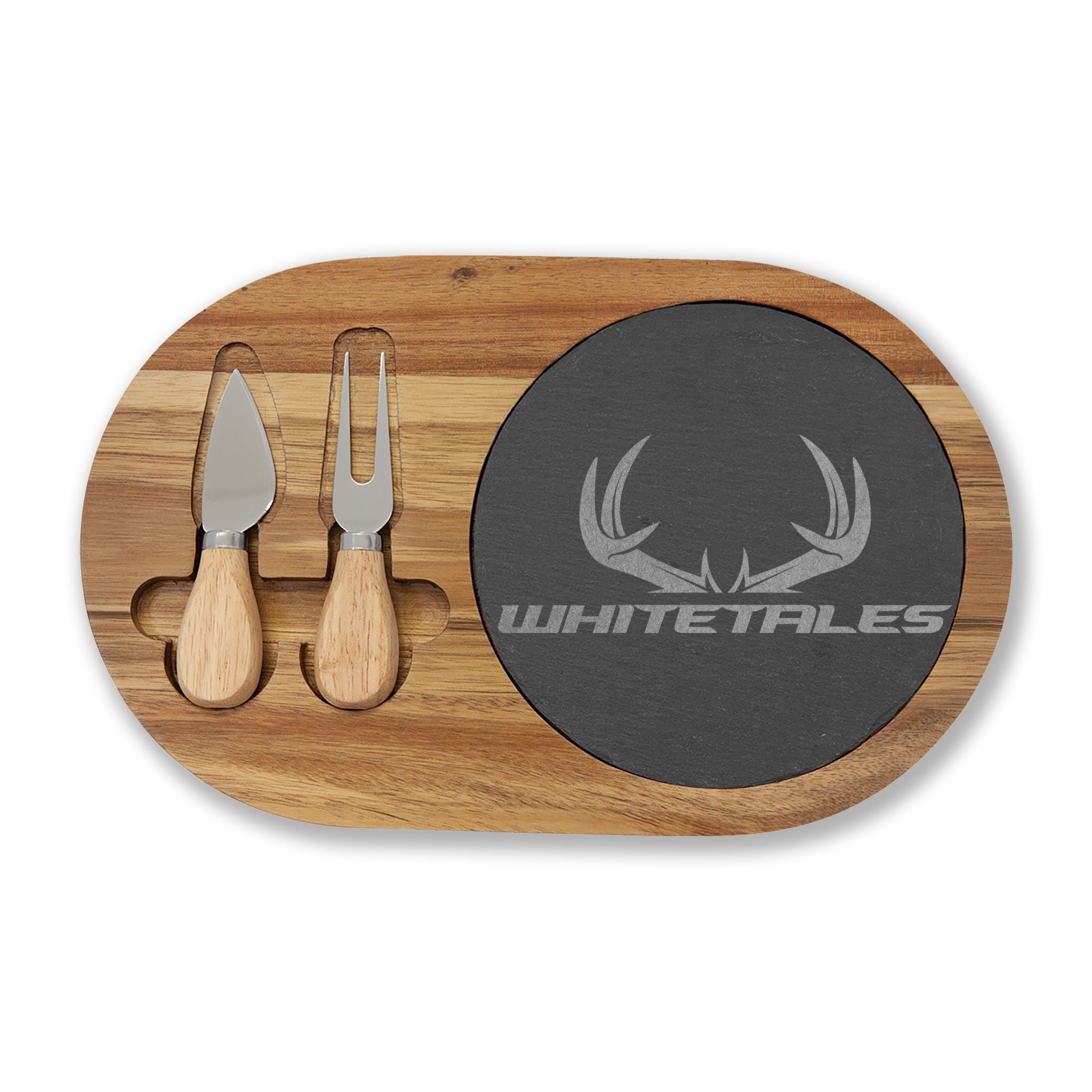 WhiteTales Logo - Engraved Acacia Charcuterie Board with Slate Insert & Cheese Tools