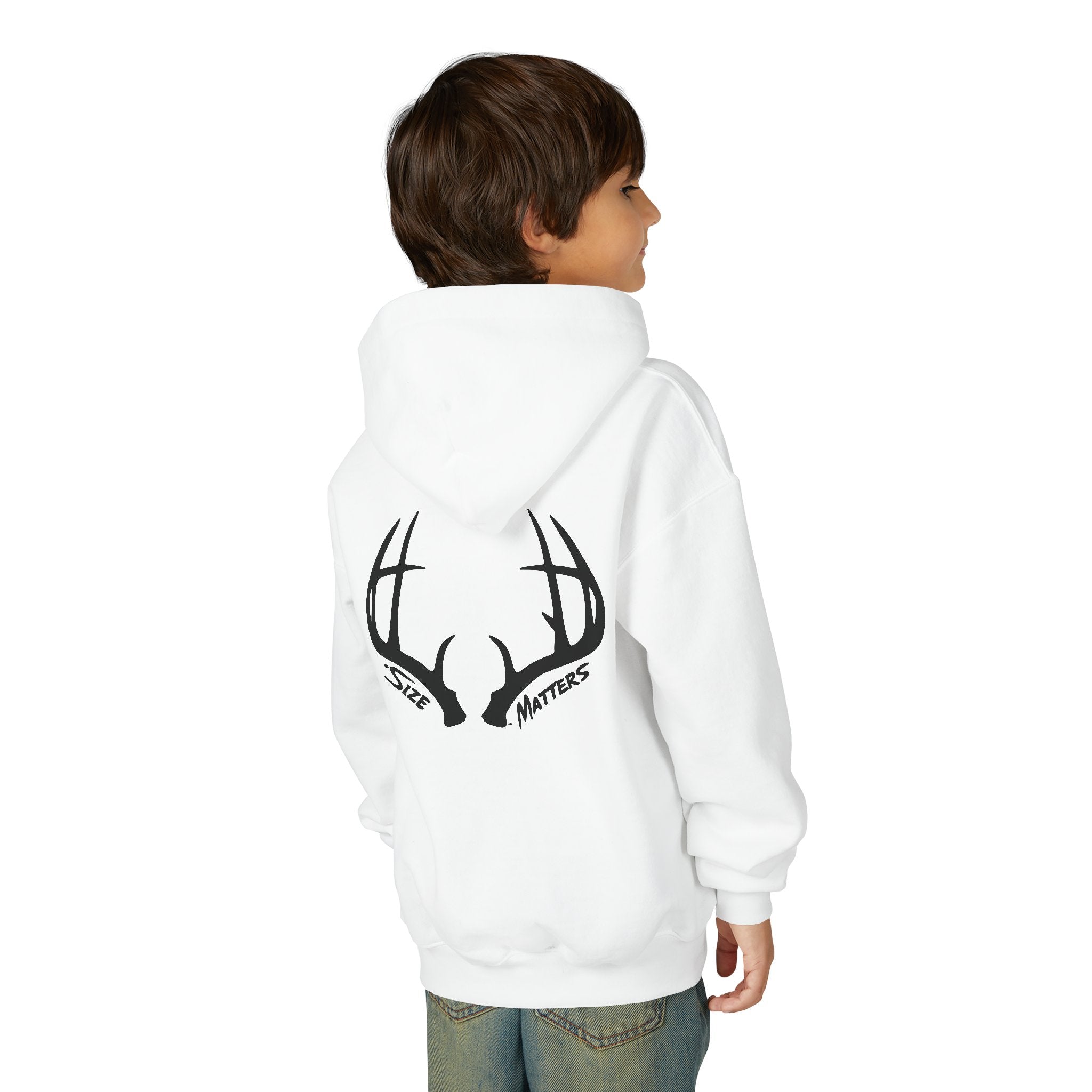 Youth Hoodie — 'Whitetales' Antler Graphic Hoodie (Size Matters Back Design)
