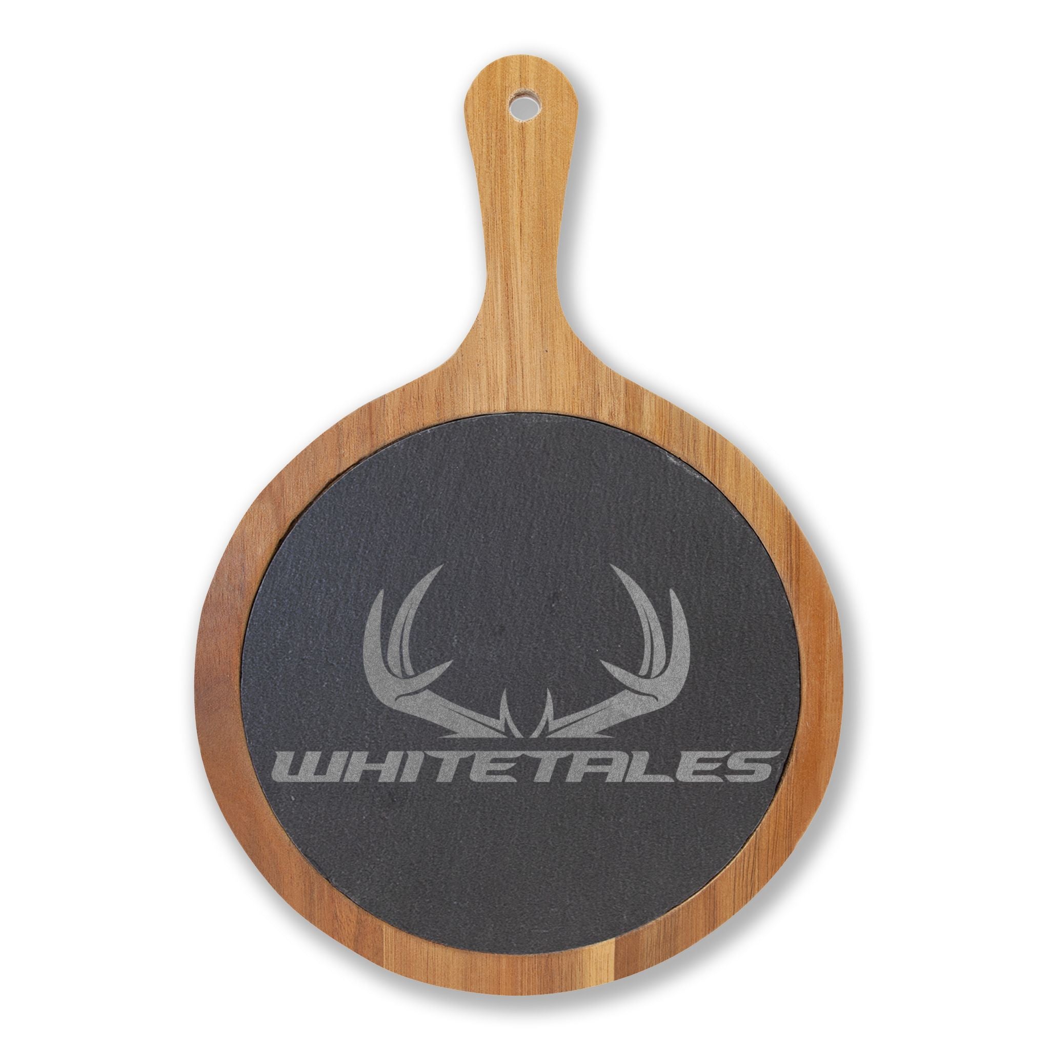 Engraved Acacia Charcuterie Board with Slate Insert — Whitetales Antler Logo